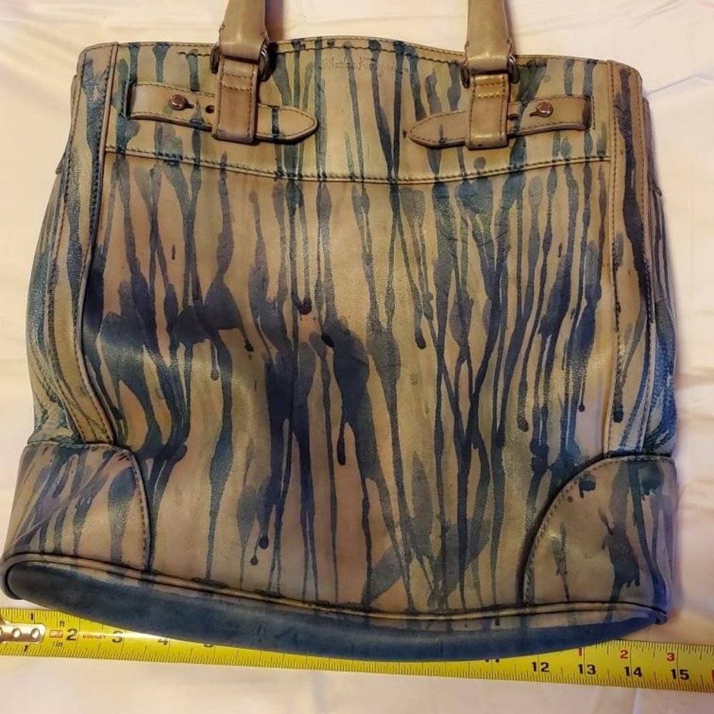 Ferragamo leather tote bag painted XL purse gray green brown beige blue stripes - Picture 12 of 16